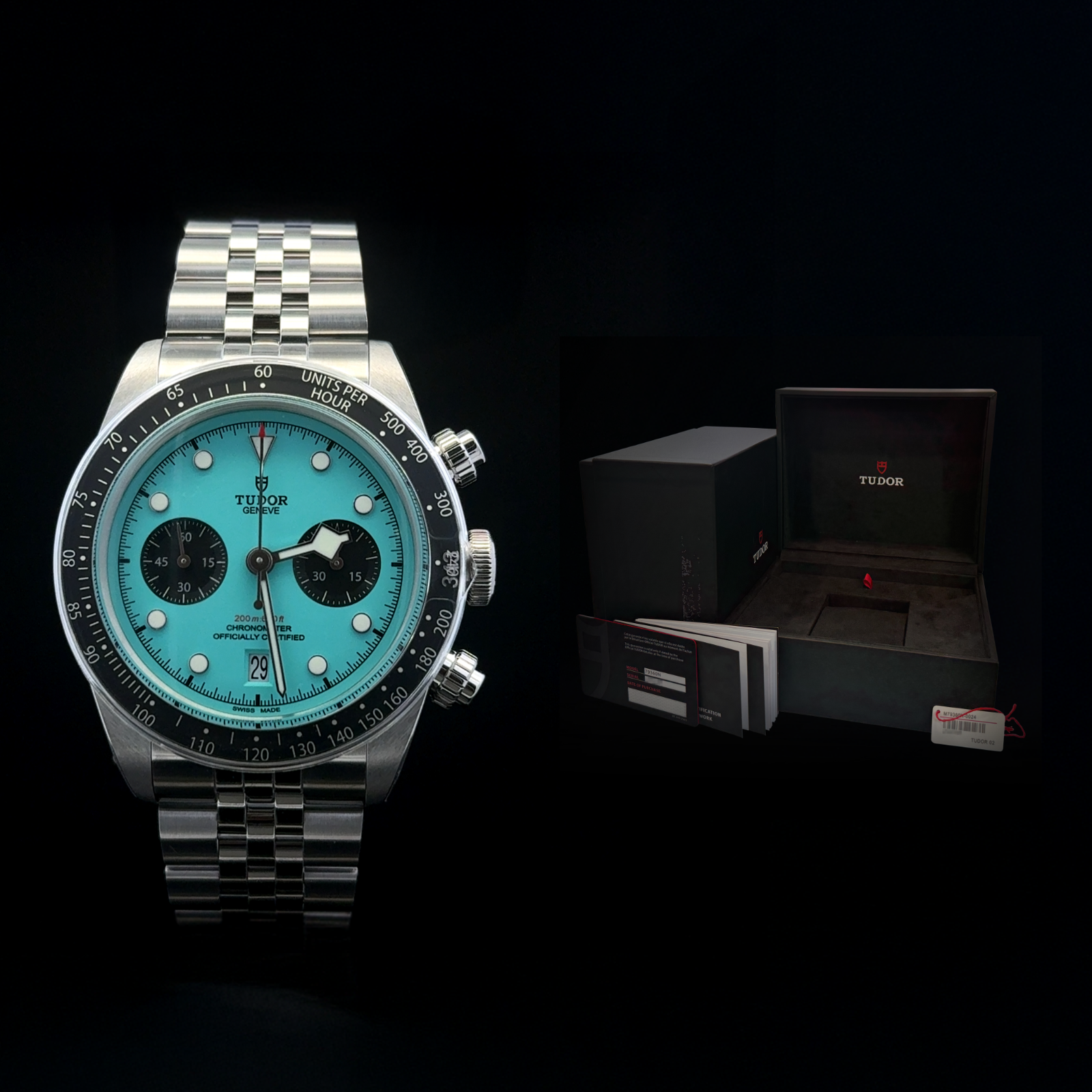Tudor Rare Black Bay Chronograph NEW 41mm Flamingo Tiffany Dial 79360N Open Card